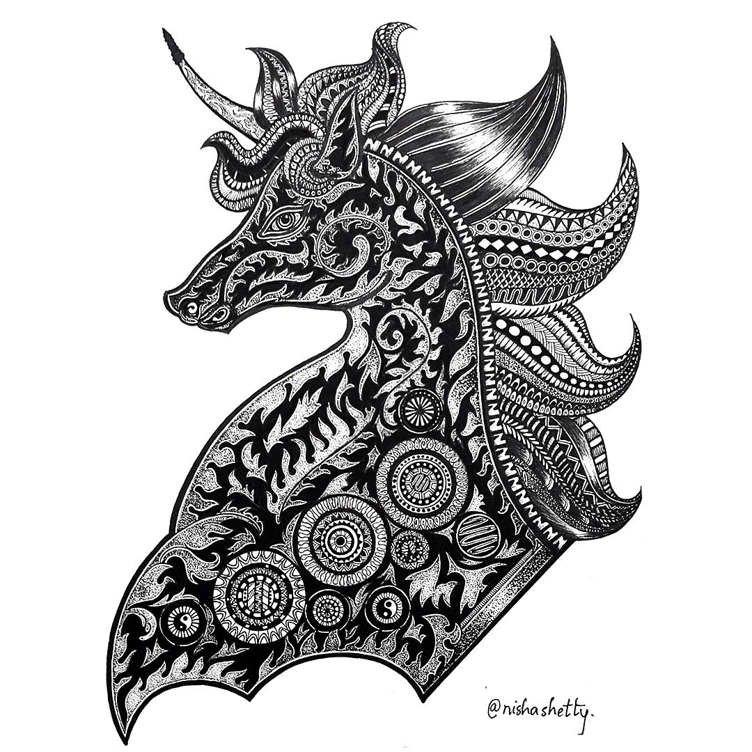 Hand-drawn black and white intricate sharpie art of a mythical creature, combining elements of a horse and dragon, adorned with detailed patterns and designs.