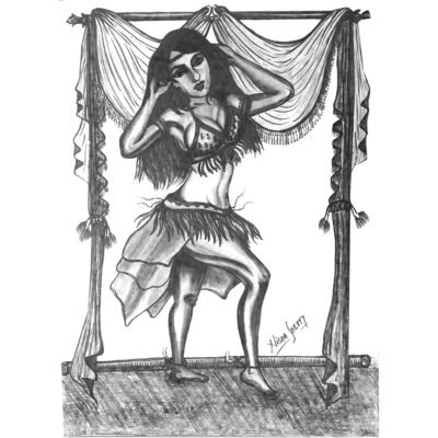 A pencil drawing of a person in a dancing pose, holding onto drapery suspended from a wooden frame.