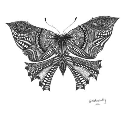 Hand-drawn black and white Sharpie art by Nisha Shetty at ArtyliciouzOfficial, depicting an intricate butterfly design. The artwork showcases detailed patterns and designs, including circles, lines, dots, zigzags, and floral elements, creating a harmonious visual effect.