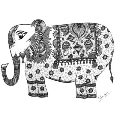 Hand-drawn black and white Sharpie art by ArtyliciouzOfficial, depicting a detailed Cute Eyed - Haathi adorned with intricate patterns and designs. The artwork showcases a mix of floral motifs and geometric shapes, highlighting the complexity of the pattern and the texture of the design.