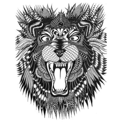 Hand-drawn black and white Sharpie art by ArtyliciouzOfficial, depicting a roaring Ferroclion with intricate patterns and designs. The artwork showcases a blend of realism and abstract art, with a focus on the detailed mane and the dramatic expression of the lion’s roar.