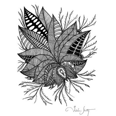 “Hand-drawn black and white sharpie art, featuring intricate and detailed leaves in a circular pattern with unique patterns and textures, demonstrating high detail and complexity.