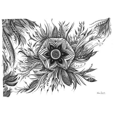 Black and white intricate Sharpie art, featuring a symmetrical floral and leaf design with a central flower-like shape and radiating leaf patterns, demonstrating high detail and complexity.