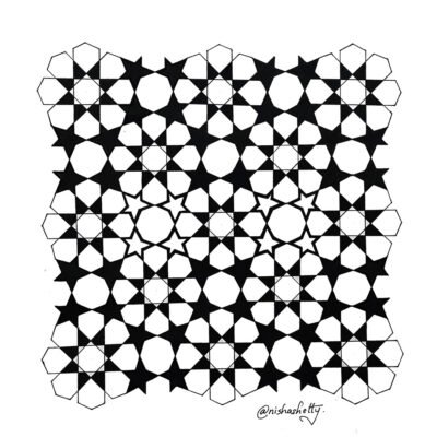 Black and white geometric sharpie art design, featuring a pattern of interconnected stars and polygons.