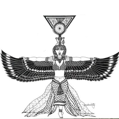 Hand-drawn Sharpie art illustration, showcasing a mythical figure with expansive wings, adorned in intricate patterns and jewelry, holding a large triangular emblem with a circular design at the center.