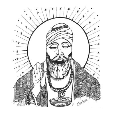 “Black and white Sharpie art by Artyliciouz Official, featuring a Guru Nanak in intricate attire and jewelry, holding a cup, surrounded by a radiant halo of stars, with face obscured for privacy.