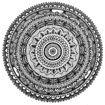 Hand-drawn black and white mandala art piece, showcasing intricate geometric of Islamic Mandala and floral patterns, created with sharpie markers.