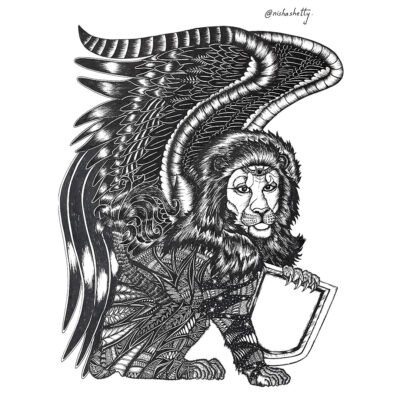 Handmade Sharpie art from Artyliciouz Official, featuring a mythical creature with the body of a lion and wings of an eagle, adorned with intricate patterns.