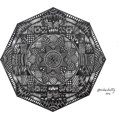 Intricate black and white sharpie art design by Nisha Shetty, created in 2014, featuring a complex pattern of Octavus Mandala geometric shapes, floral elements, and detailed textures.