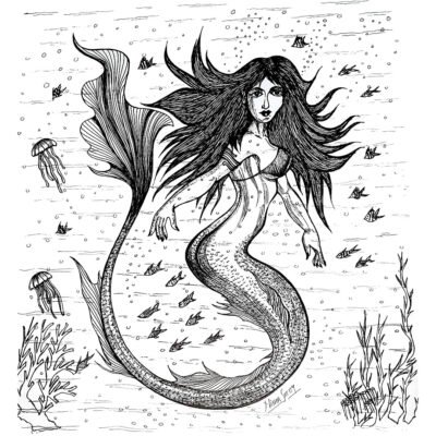 Black and white sharpie illustration of a mermaid with flowing hair, surrounded by fish and jellyfish in an underwater scene.