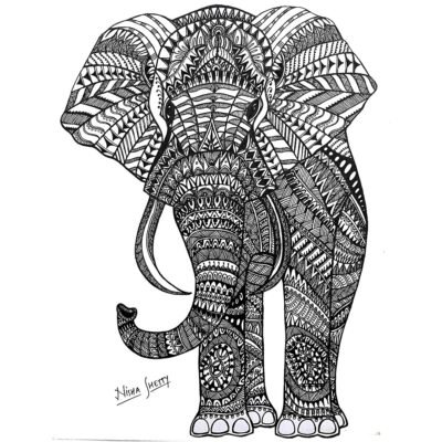 Handmade black and white Sharpie art by Nisha Shetty, featuring an intricately designed Ornate Haathi adorned with complex patterns, displayed on Artyliciouz Official.