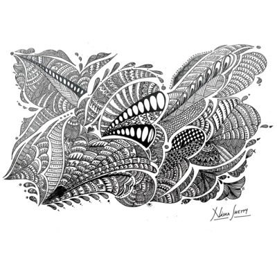 Hand-drawn black and white Sharpie art, featuring intricate patterns and textures that resemble natural elements like leaves and feathers.