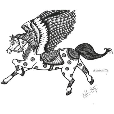 Hand-drawn black and white Sharpie art by Nisha Shetty at ArtyliciouzOfficial, depicting a mythical horse Pegasus with wings, adorned with intricate patterns and designs. The artwork showcases a blend of realism and artistic design, with a focus on the detailed scales and the mystical aura created by the halo-like circle surrounding the horse’s head.