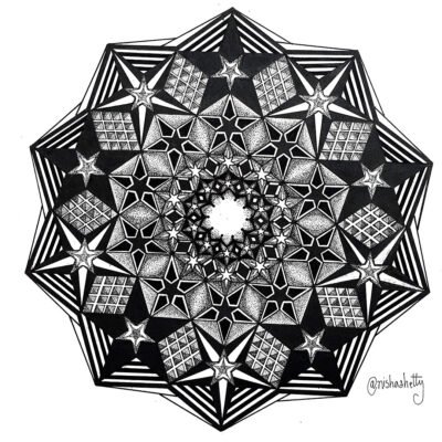 Hand-drawn black and white Sharpie art by Nisha Shetty at ArtyliciouzOfficial, featuring intricate geometric patterns and star shapes. The artwork showcases a complex, symmetrical mandala-like structure, with various shading techniques used to create depth and texture.