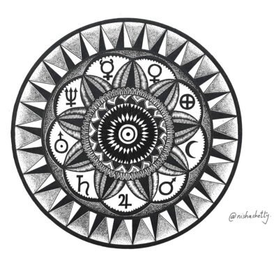 Hand-drawn black and white Sharpie art by Nisha Shetty at ArtyliciouzOfficial, featuring a complex mandala design adorned with various symbols including planets and alchemical signs.