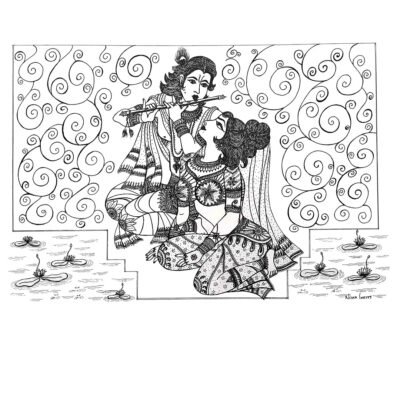 Hand-drawn black and white artwork featuring Radha Krishna intricately designed in traditional attire, surrounded by swirling patterns and lotus flowers.