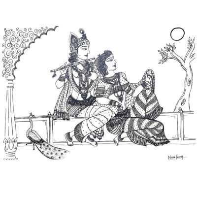 Black and white Sharpie art, featuring two intricately designed Radha Krishna in traditional attire seated on a bench, with a peacock to their left and an abstract tree to their right.