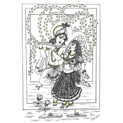 Hand-drawn Sharpie art, featuring Radha Krishna surrounded by intricate floral and vine patterns, demonstrating high detail and complexity.