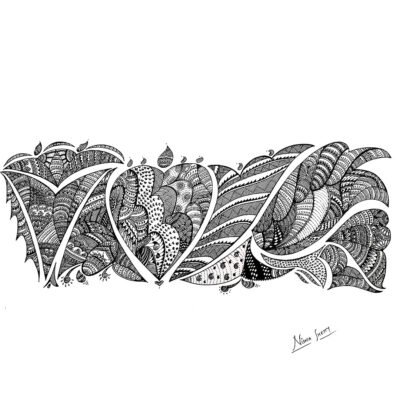 Hand-drawn black and white Sharpie art, featuring intricate patterns and textures that resemble natural elements like leaves and feathers.