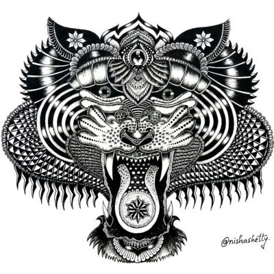 Intricate black and white Sharpie art of a mythical Tigress Flora, adorned with detailed patterns and designs, created by artist Nisha Shetty, showcased on Artyliciouz Official.