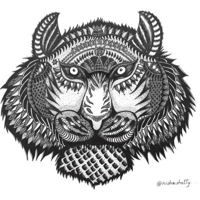 Hand-drawn intricate sharpie art of a majestic Tigris Ferox, adorned with detailed patterns and textures, created by artist Nisha Shetty, showcased on Artyliciouz Official.