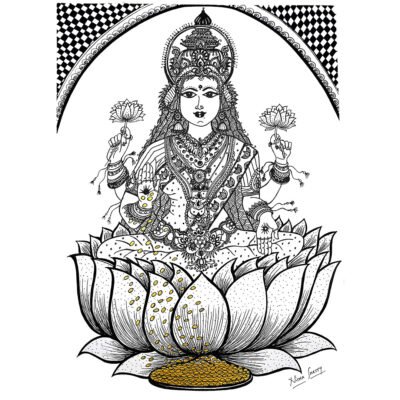 A detailed black and white ink drawing of goddess Laxmi, spiky form with intricate patterns and textures, adorned in intricate jewelry and clothing patterns.