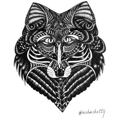 Handmade intricate black and white Sharpie art design featuring symmetrical patterns and textures of Wolverine, created by Nisha Shetty, displayed on Artyliciouz Official.