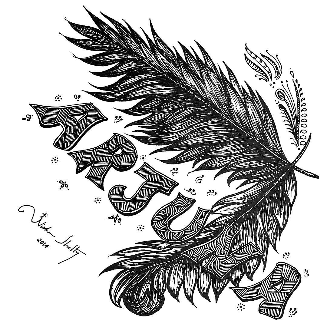 A detailed black and white ink drawing of a large feather beside the word “TRUTH” in ornate, artistic lettering.