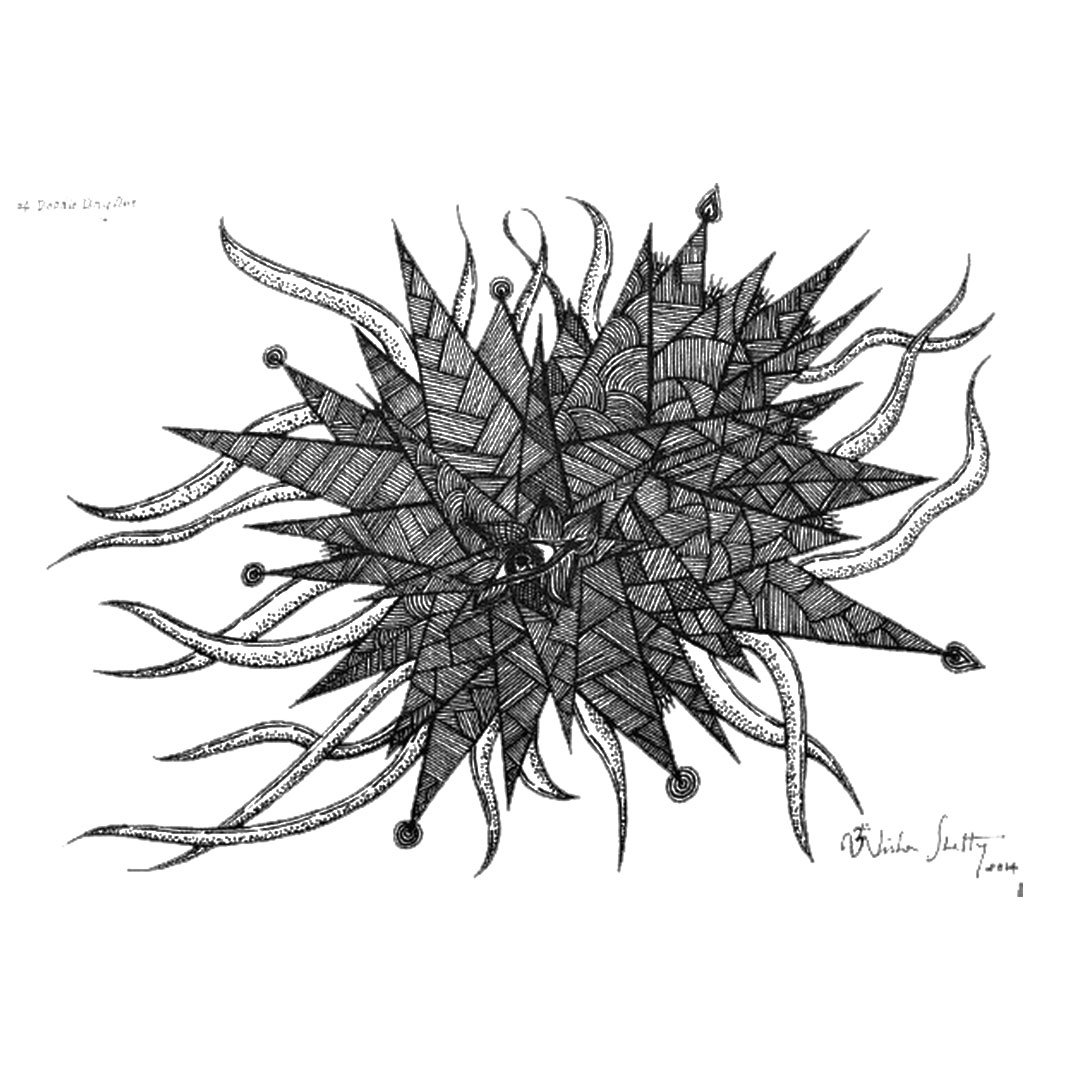 A detailed black and white ink drawing of an abstract, spiky form with intricate patterns and textures.