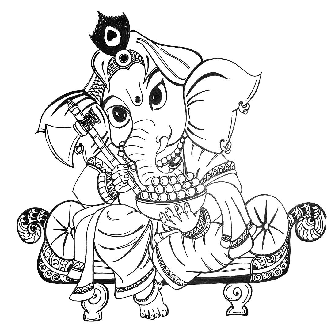 Hand-drawn Sharpie art of a detailed and intricate illustration depicting of a stylized Ganesha, adorned with traditional attire and jewelry, seated gracefully.