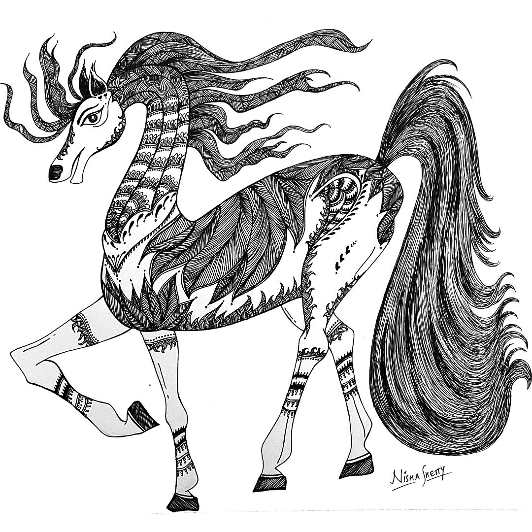 Hand-drawn black and white Sharpie art at ArtyliciouzOfficial, depicting a mythical creature resembling a Beautiful Mare in mid-gallop. The creature is adorned with intricate patterns and designs, including stripes, swirls, and other decorative elements, and features an elongated, flowing mane and tail.