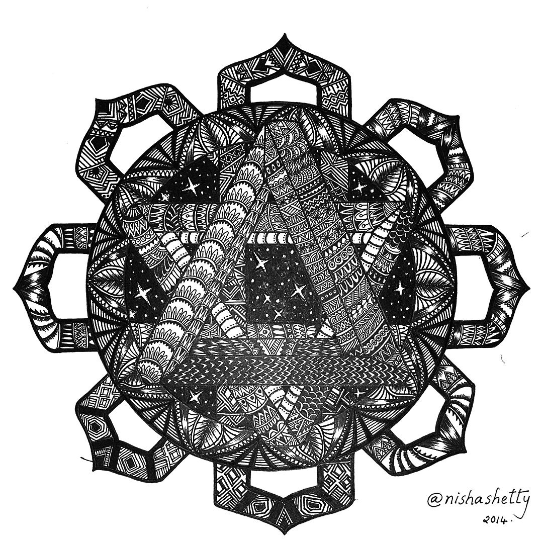 Hand-drawn black and white mandala art piece by Nisha Shetty, created in 2014, featuring intricate geometric of Celestial Mandala patterns and detailed textures.