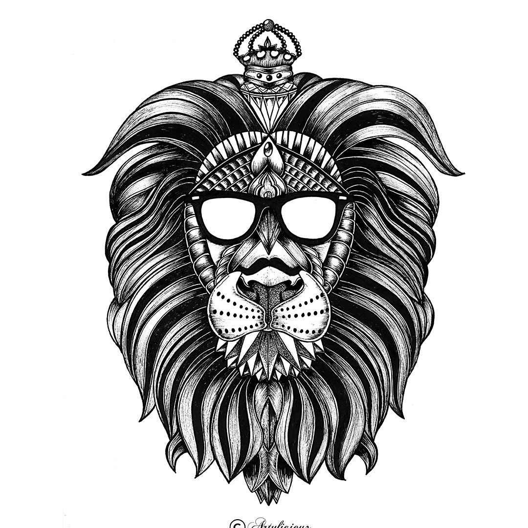 Hand-drawn black and white Sharpie art by ArtyliciouzOfficial, depicting a stylized lion wearing sunglasses and a crown. The artwork showcases intricate detailing, with a focus on the lush mane and the cool, regal expression of the lion.