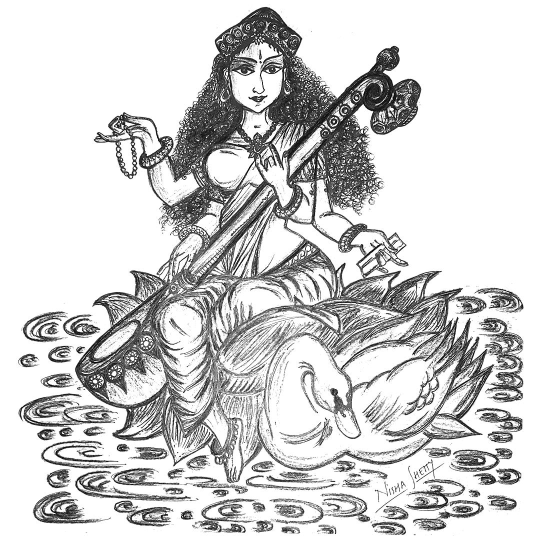 Black and white Sharpie art by Artyliciouz Official, featuring a mystical Devi Saraswati playing a stringed instrument, surrounded by swans and intricate patterns.