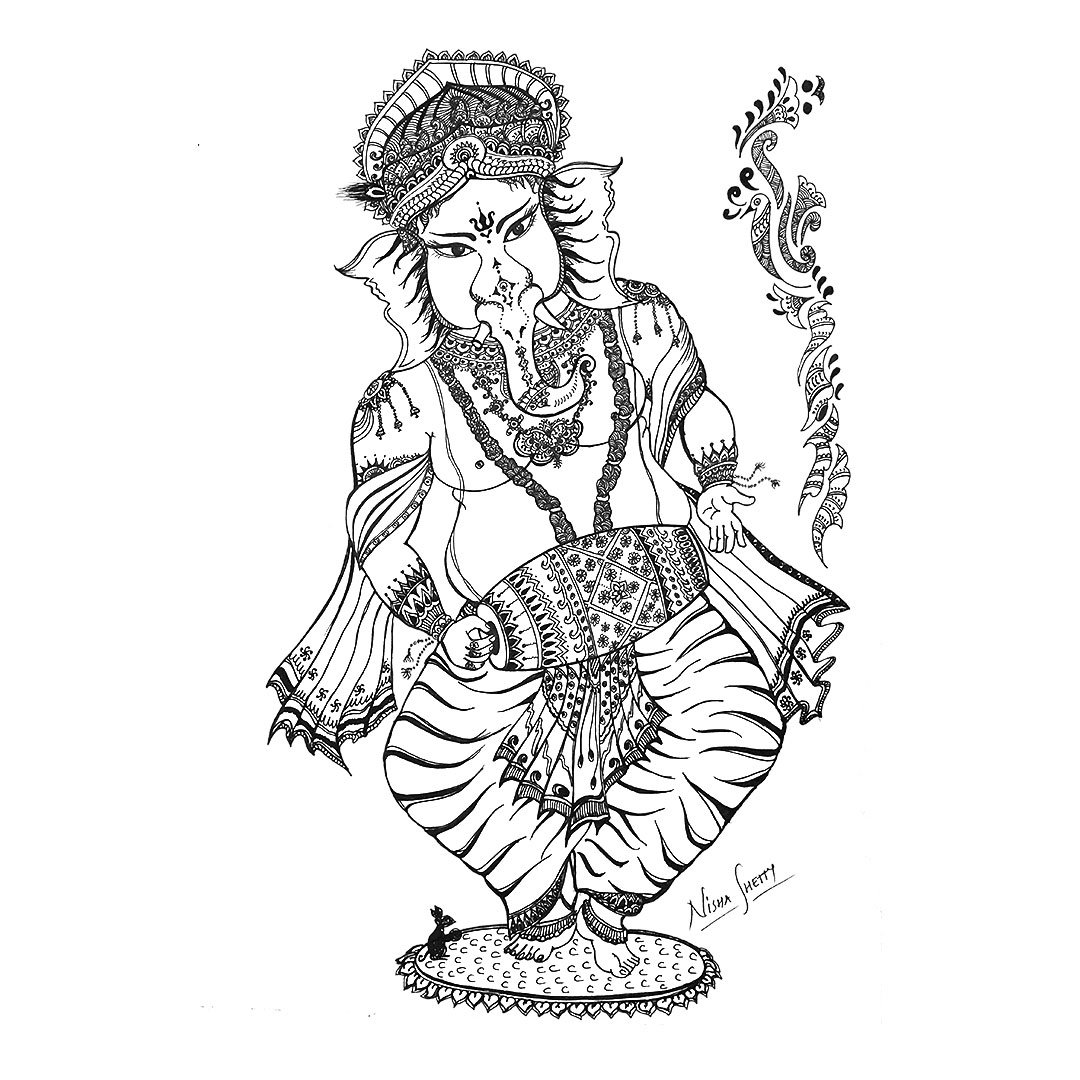 Black and white Sharpie art by Artyliciouz Official, featuring a detailed and intricate dholak Ganesh in ornate attire and jewelry.