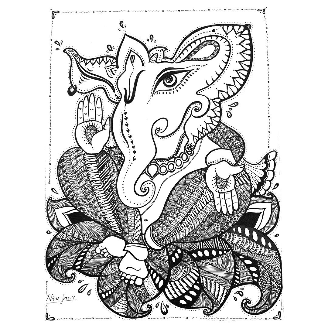 “Black and white Sharpie art by Nisan Kertz for Artyliciouz Official, featuring an intricate design of dual-fced Ganesha with ornamental wings and holding a staff, surrounded by elaborate patterns.