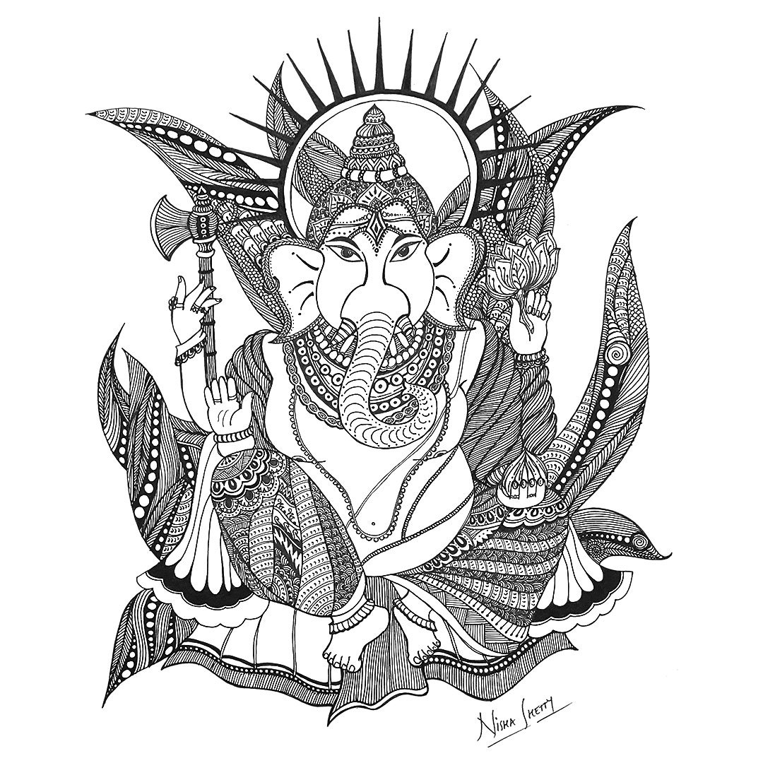 Black and white Sharpie art by Artyliciouz Official, featuring an intricate design of Ganesha with ornamental wings and holding a staff, surrounded by elaborate patterns.