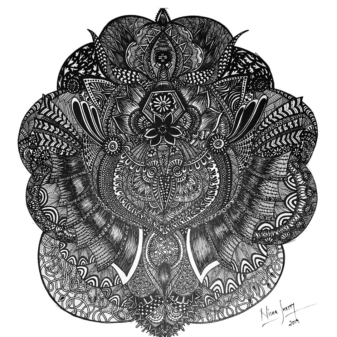 Black and white Sharpie art design, featuring intricate patterns and symmetrical shapes.