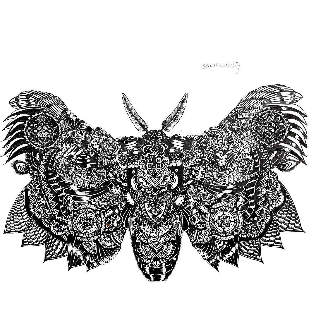 Hand-drawn black and white Sharpie art at ArtyliciouzOfficial, depicting a detailed and intricately designed Goth Moth. The artwork showcases a mix of floral and geometric elements, with complex patterns adorning the butterfly’s body and wings.