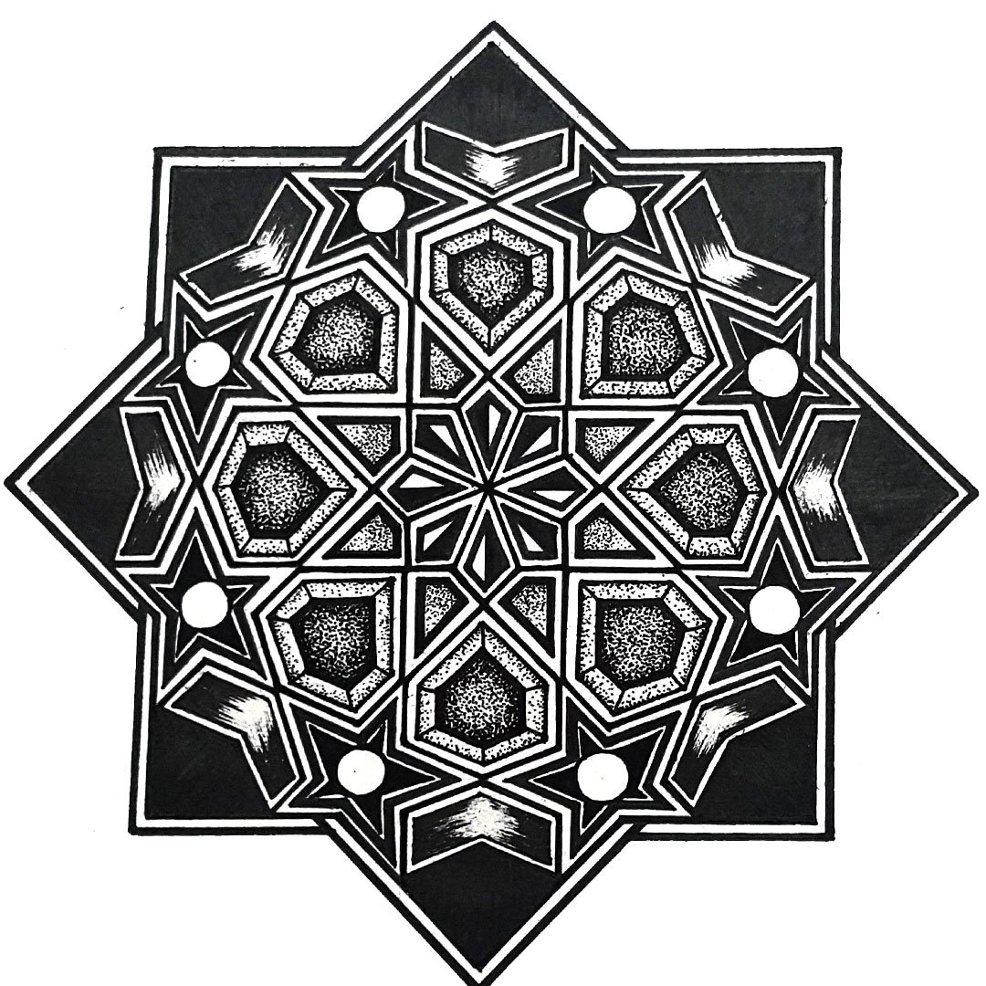 Handmade black and white Sharpie art design by ArtyliciouzOfficial, featuring a complex geometric pattern and phases of moon. The design is intricate and symmetrical, consisting of various shapes including diamonds, squares, and circles, and detailed textures within the shapes, adding depth to the design. The overall shape of the design resembles a star or a complex snowflake with eight points, exhibiting a high level of detail and precision in its execution.