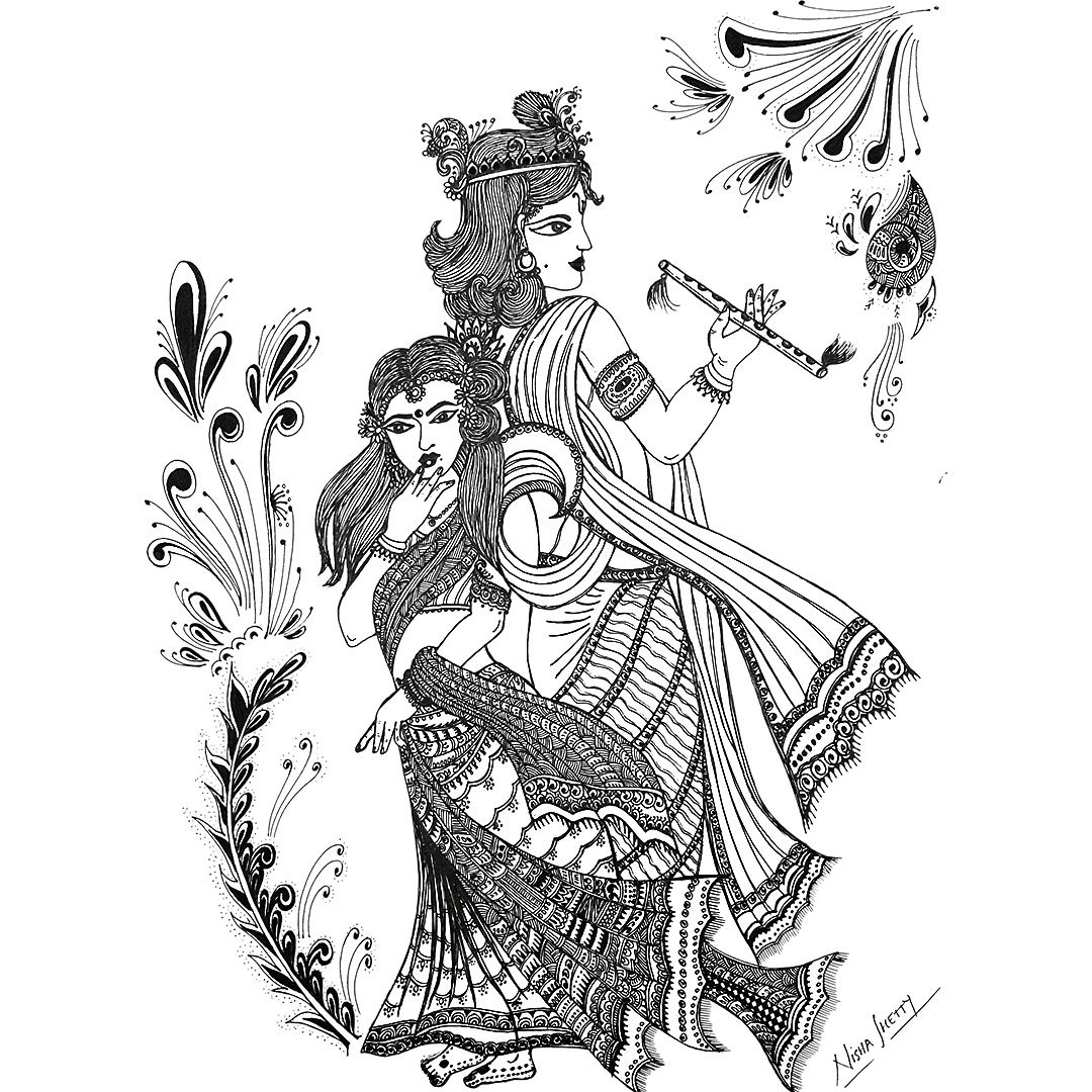 A detailed black and white handmade drawing showcasing Radha Krishna in traditional attire, with their faces obscured, surrounded by intricate floral and ornamental designs.