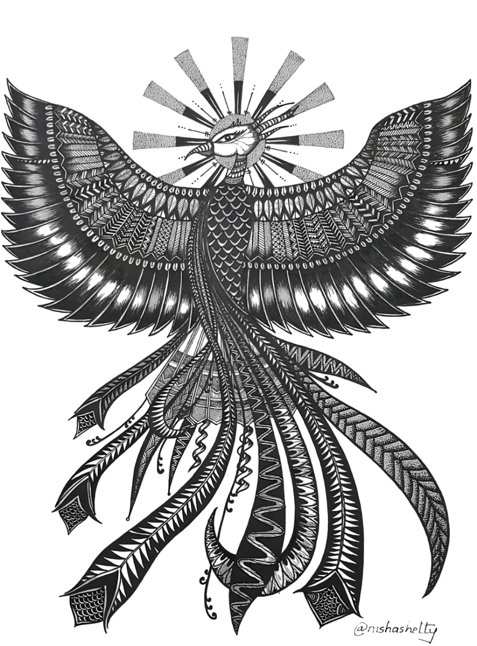 A detailed black and white ink drawing of a mythical bird with expansive wings, intricate feather patterns, and a radiant sunburst emanating from behind its head.