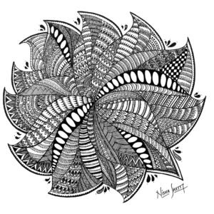 A detailed black and white sharpie art design featuring intricate patterns and textures, resembling a blooming flower.