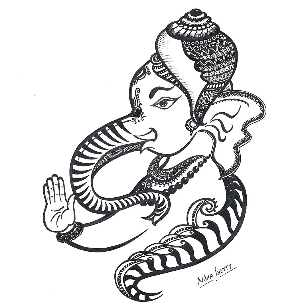 A black and white illustration of a stylized Ganesha, with intricate designs and patterns.