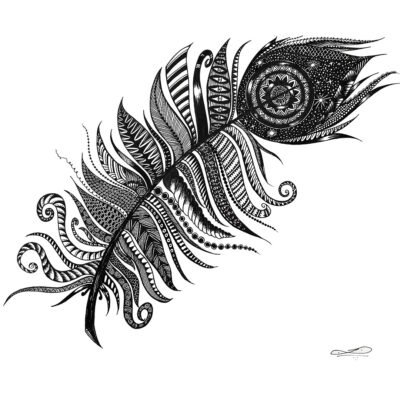 A detailed black and white Sharpie art drawing of a feather, intricately designed with various patterns and textures, showcasing a blend of traditional and contemporary art styles.