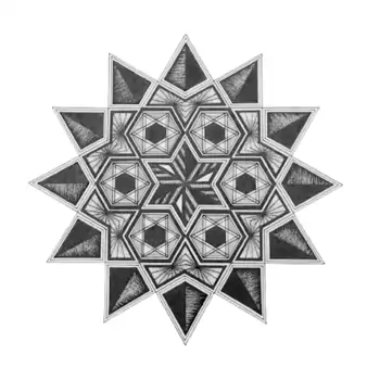 Hand-drawn ‘12 Point Mandala’ by Nisha Shetty, featuring intricate black and white geometric patterns, available exclusively on Artyliciouz.